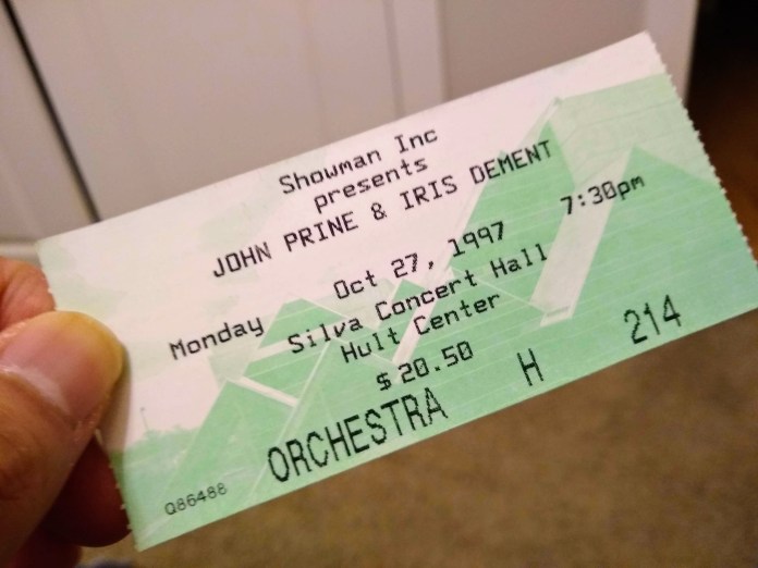 Ticket stub for John Prine and Iris DeMent show